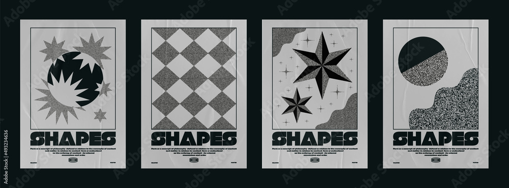 Poster collection of modern minimalistic abstract posters with geometric shapes and noise. primitive shapes