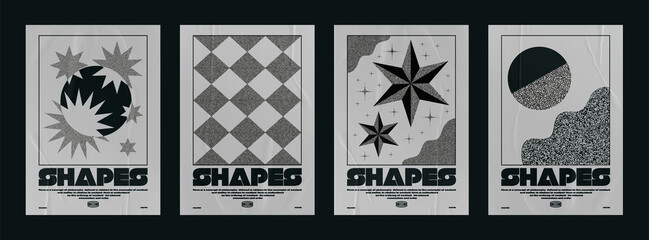 Collection of modern minimalistic abstract posters with geometric shapes and noise. Primitive shapes, circle, square, star and triangle. Paper texture poster for your projects
