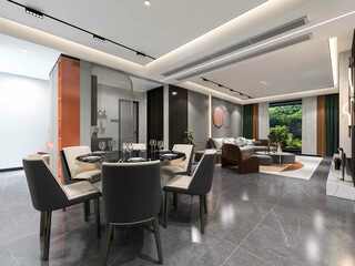 3D rendering, spacious dining room design next to the modern kitchen, with a beautiful dining table and greenery
