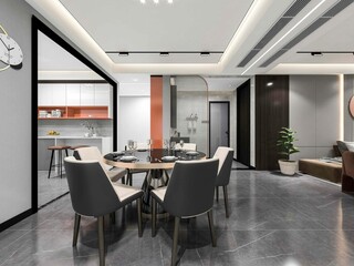 3D rendering, spacious dining room design next to the modern kitchen, with a beautiful dining table and greenery