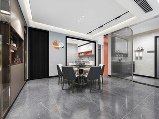 3D rendering, spacious dining room design next to the modern kitchen, with a beautiful dining table and greenery