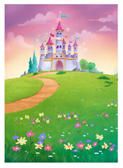 Ilustración del castillo mágico en el campo de flores - 493235064