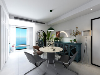 3D rendering, spacious dining room design next to the modern kitchen, with a beautiful dining table and greenery