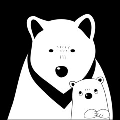 Black & white of bear and cub in vector for all purpose use.