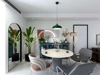 3D rendering, spacious dining room design next to the modern kitchen, with a beautiful dining table and greenery