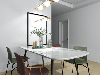 3D rendering, spacious dining room design next to the modern kitchen, with a beautiful dining table and greenery