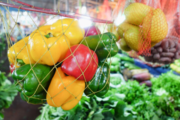 Yellow orange and red capsicum display for sale at local market 