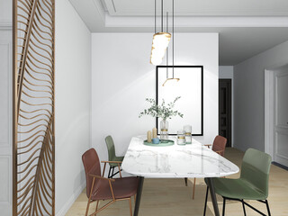 3D rendering, spacious dining room design next to the modern kitchen, with a beautiful dining table and greenery