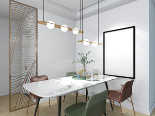 3D rendering, spacious dining room design next to the modern kitchen, with a beautiful dining table and greenery