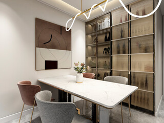 3D rendering, spacious dining room design next to the modern kitchen, with a beautiful dining table and greenery
