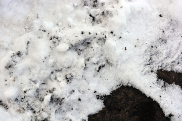 White fluffy snow covered and lies on the black earth, field, garden. 