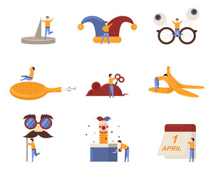 Colorful Fools day doodles set. Set of April fools day logo design,sticker,Label element Vector Illustration