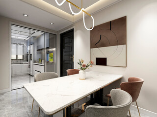 3D rendering, spacious dining room design next to the modern kitchen, with a beautiful dining table and greenery