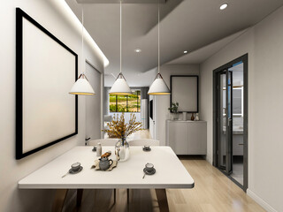 3D rendering, spacious dining room design next to the modern kitchen, with a beautiful dining table and greenery