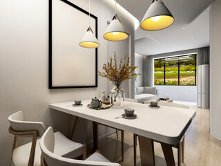 3D rendering, spacious dining room design next to the modern kitchen, with a beautiful dining table and greenery