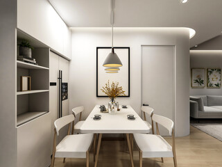 3D rendering, spacious dining room design next to the modern kitchen, with a beautiful dining table and greenery