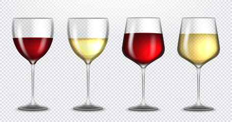 Set transparent vector wine glasses empty, with white and red wine on transparent background. Alcoholic drink. White and red wine. Vector illustration