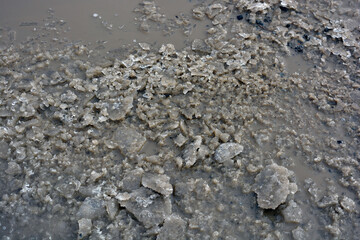 Broken transparent ice, small pieces of ice crust lie near a frozen puddle and float in the water. Spring is warming, the ice is melting on the street. 