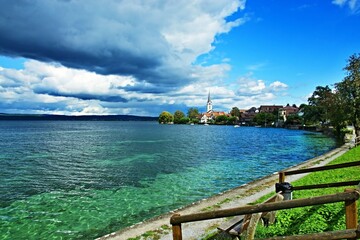 Switzerland-view on the church in Berlingen and Lake Untersee