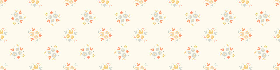 Pastel boho flowers seamless border pattern in trendy ditsy wildflower style. Hand drawn organic botanical fashion edging trim. Modern summer garden bloom in natural vintage cottage core ribbon banner © Limolida Studio