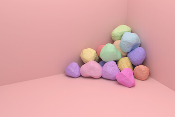 Multicolored stones in the corner of the room with pink walls and pink floor. Pink, yellow, blue stones of different shades. 3D render.