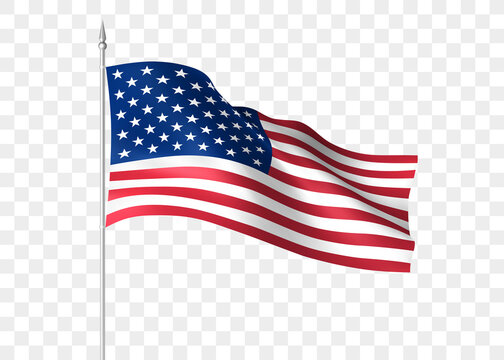 Flag of the United States waving in the wind. US flag on a metal flagpole. Wavy USA flag illustration. American flag isolated on transparent background