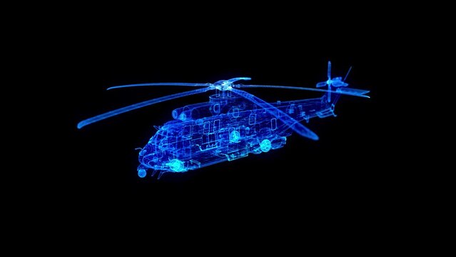 Military helicopter. Glow particles formation helicopter on a black background.
