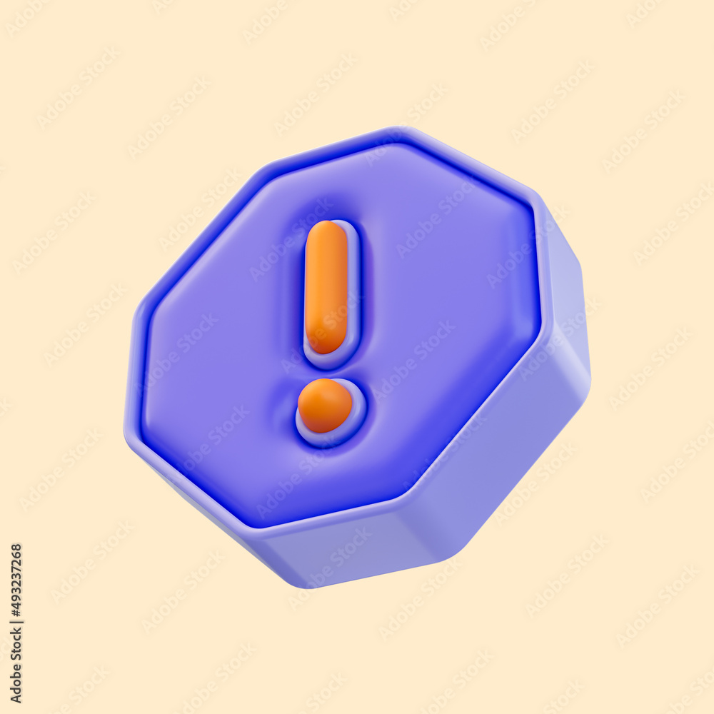 Poster exclamation mark badge icon 3d render for attention or warning sign on alert danger problem
