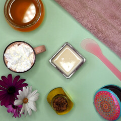 Cosmetic face mask with corn starch, honey and olive oil. Flat lay