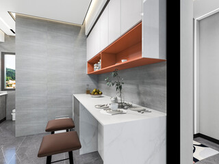 3D rendering, spacious dining room design next to the modern kitchen, with a beautiful dining table and greenery