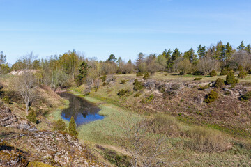 View at ravine with a lake in beautiful spring landscape