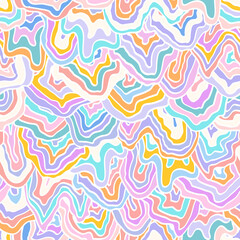 Abstract colorful retro seamless pattern. Vintage multicolored vector illustration. Fluid lines print for fabric, stationery, any surface. Marbled texture, liquid stripes