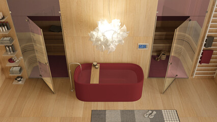 Minimalist wooden spa room in red tones, bathroom, wellness center, bathtub, sauna room with glass doors, rack with towels, carpet, pendant lamp, top view, above. Interior design