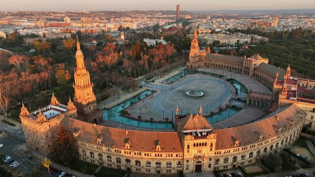 Aerial view of Plaza de Espana - Spanish Square - at sunrise in Seville, Spain. Morning view of Seville city and Plaza de Espana with Maria Luisa Park