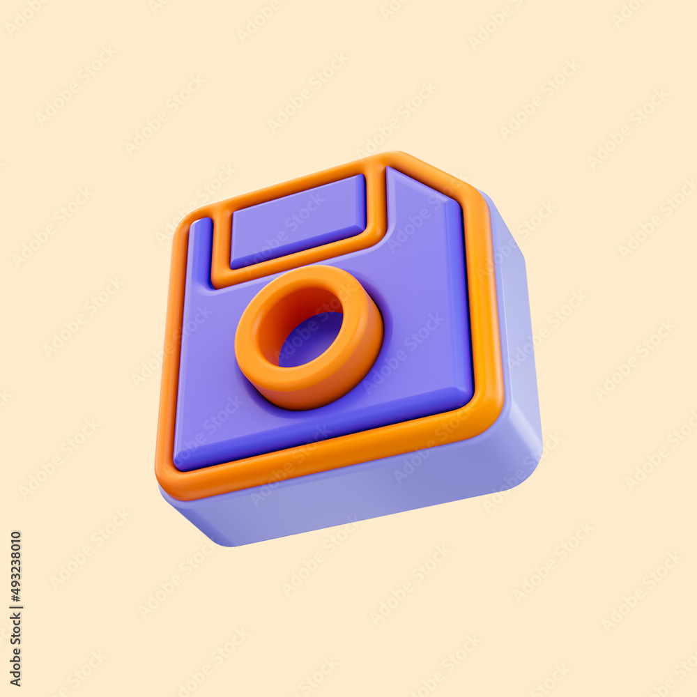 Poster cartoon look floppy-disk icon 3d render concept for computer data storage and file saving