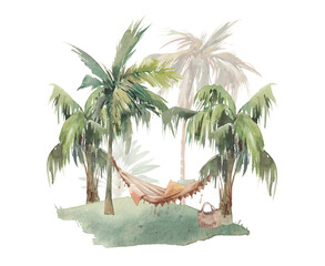 Tropic vacation illustration. Hammock and palm tree scene isolated on white background. Rest watercolor artwork - 493238016