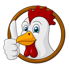 Adorable Chicken Cartoon thumb up in Round frame. Vector Illustration