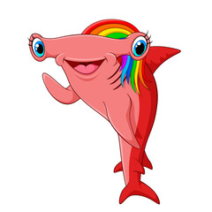 Adorable rainbow-haired Hammerhead Shark waving hand - obrazy, fototapety, plakaty