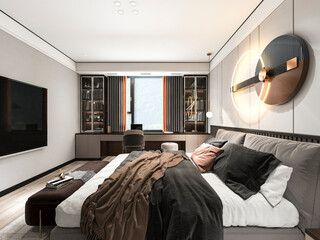 3D rendering ,The elegant and spacious bedroom design of the modern apartment has a coat cabinet beside the big bed, as well as a bucket cabinet and green plants