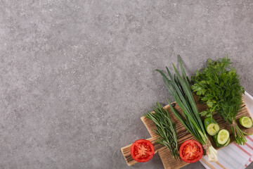 A set of fresh vegetables and herbs for cooking diet salad