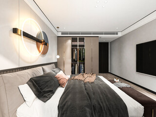 3D rendering ,The elegant and spacious bedroom design of the modern apartment has a coat cabinet beside the big bed, as well as a bucket cabinet and green plants