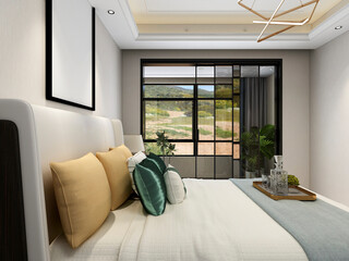 3D rendering ,The elegant and spacious bedroom design of the modern apartment has a coat cabinet beside the big bed, as well as a bucket cabinet and green plants