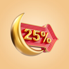 25 percent Ramadan and Eid discount offer sale label badge icon with gold moon 3d render concept 