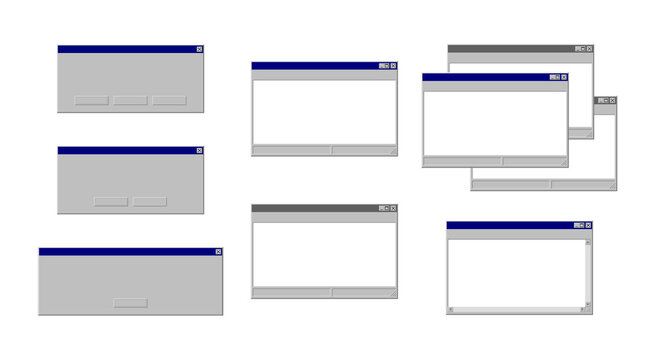 Windows system message templates. Retro 90s PC interface. Vector set of error message, blank window, notepad. Collection of empty copy space elements of computer operating system