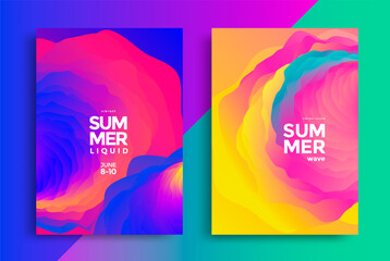 Summer wave abstract modern covers set. Colorful fluid graphic compositions. Vector 