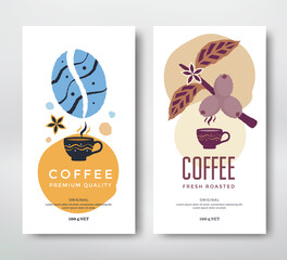 Coffee Packaging design. Vector label with coffee branch, bean and cup.