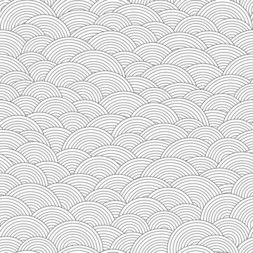 Abstract asian styled fish scales seamless pattern. Vector geometric illustration with striped circles. Line art vector print for fabric, stationery, wrapping paper, any surface.