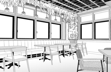漫画風ペン画イラスト　店舗_カフェ