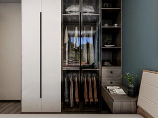3D rendering ,The elegant and spacious bedroom design of the modern apartment has a coat cabinet...