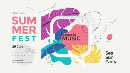 Summer fest banner design with palm leaf and geometric elements. Trendy art tropical poster. Vector illustration